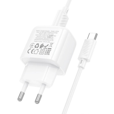 мережевий зарядний пристрій hoco cs52a 1usb/18w/qc3.0 + (usb - type-c) (білий) 