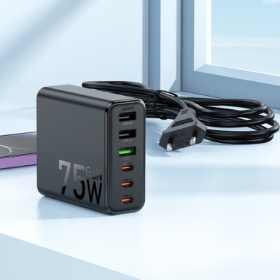 мережевий зарядний пристрій hoco c133a 75w 1usb/18w/qc3.0 + 1type-c/45w/pd (чорний) 