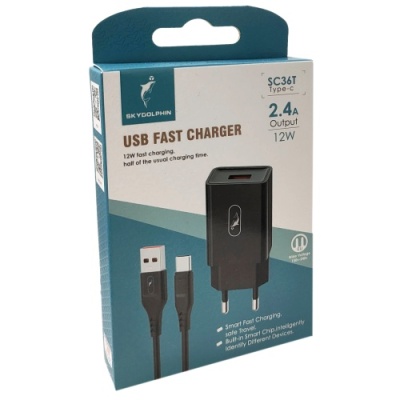 мережевий зарядний пристрій skydolphin sc36t 1usb/2.4a + (usb - type-c) (чорний) 