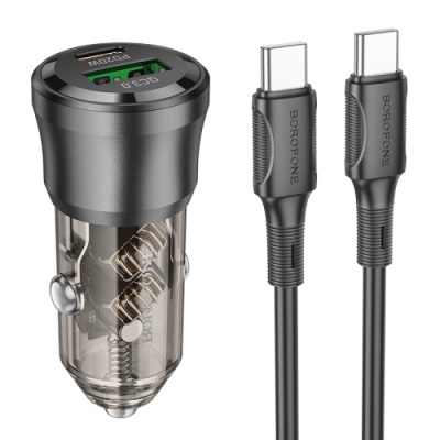Автомобільний Зарядний Пристрій Borofone BZ25 38W 1USB/18W/QC3.0 + 1Type-C/20W/PD + (Type-C - Type-C) (Прозоро-Чорний)
