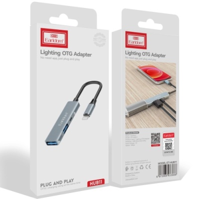 usb hub earldom et-hub11 lightning  to 2xusb 2.0 + usb-c (сірий) 