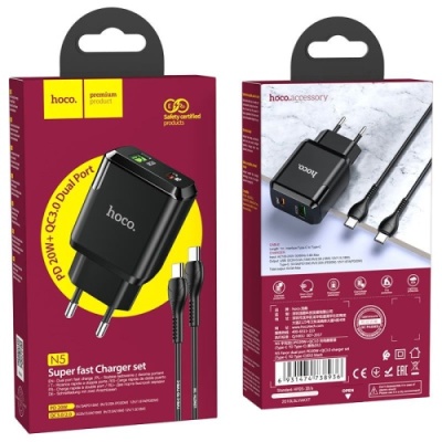 мережевий зарядний пристрій hoco n5 1usb/18w/qc3.0 + 1type-c/20w/pd + (type-c - type-c) (чорний) 