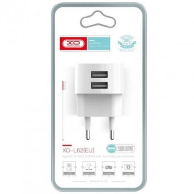 мережевий зарядний пристрій xo l62 2usb/2.4a (білий) 