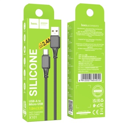 кабель hoco x101 silicone usb - microusb 2.4a/1m (чорний) 