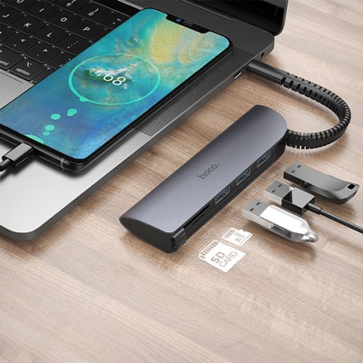 usb hub hoco hb17 (type-c to usb3.0*3+sd+tf) (сірий) 