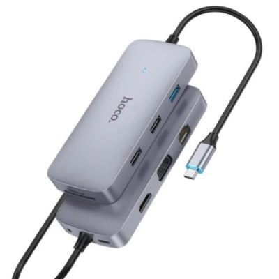usb hub hoco hb33 type-c easy type-c 10-in-1 multi-function converter 0,18m. metal gray 