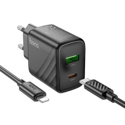 мережевий зарядний пристрій hoco cs23a 1usb/18w/qc3.0 + 1type-c/30w/pd + (type-c - lightning) (чорний) 