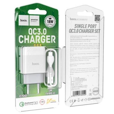 мережевий зарядний пристрій hoco c72q 1usb/18w/qc3.0 + (usb - type-c) (білий) 