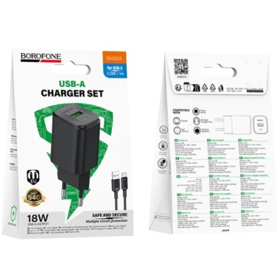 мережевий зарядний пристрій borofone bas82a qc3.0 (1usb/3a) + usb - type-c (чорний) 