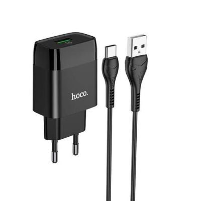 мережевий зарядний пристрій hoco c72q 1usb/18w/qc3.0 + (usb - type-c) (чорний) 