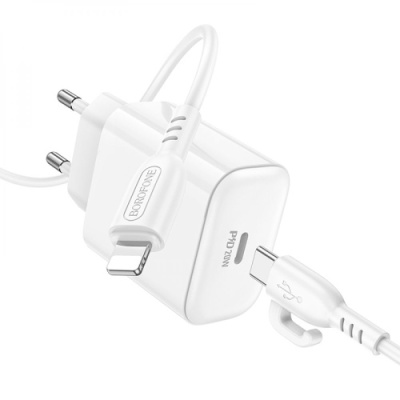 мережевий зарядний пристрій borofone ba81a power 1type-c/20w/pd + (type-c - lightning) (білий) 