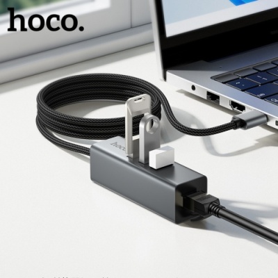 usb hub hoco hb1d 4in1 (usb to usb2.0*3+rj45) (сірий) 