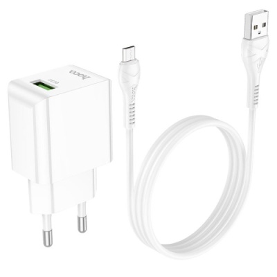 мережевий зарядний пристрій hoco c98a 1usb/18w/qc3.0 + (usb - microusb) (білий) 