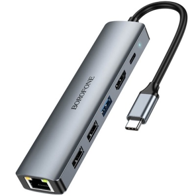 usb hub borofone dh16 6-в-1 type-c to hdmi+pd+usb3.0+usb2.0*2+rj45(l=0.15m) (сірий) 