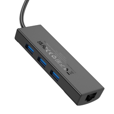 usb hub hoco hb42 easy safety 4-in-1 gigabit ethernet adapter(usb to usb3.0*3+rj45) black 