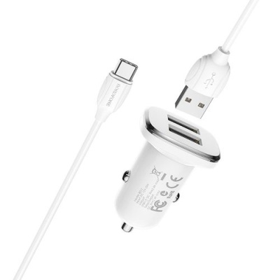 Автомобільний Зарядний Пристрій Borofone BZ12 2USB/2.4A + (USB - Type-C) (Білий)