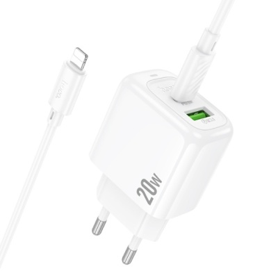 мережевий зарядний пристрій hoco cs54a 1usb/18w/qc3.0 + 1type-c/20w/pd + (type-c - lightning) (білий) 