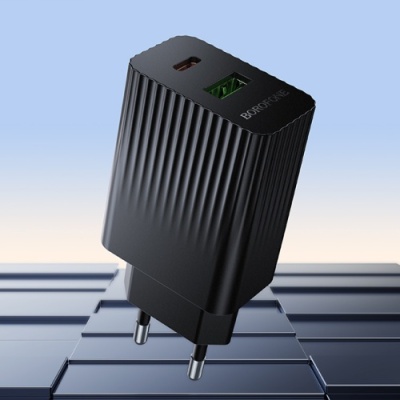 мережевий зарядний пристрій borofone bas74a 1usb/18w/qc3.0 + 1type-c/20w/pd (чорний) 