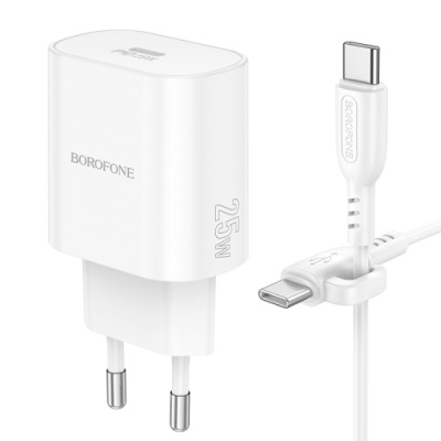 мережевий зарядний пристрій borofone ba82a power 1type-c/25w/pd + (type-c - type-c) (білий) 
