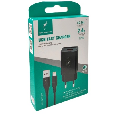 мережевий зарядний пристрій skydolphin sc36l 1usb/2.4a + (usb - lightning) (чорний) 