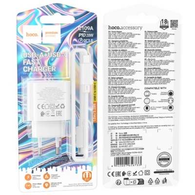 мережевий зарядний пристрій hoco c109a new 1usb/18w/qc3.0 + 1type-c/20w/pd + (type-c - type-c) (білий) 