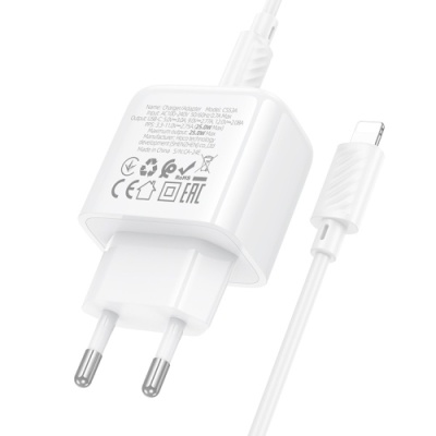мережевий зарядний пристрій hoco cs53a 1type-c/25w/pd + (type-c - lightning) (бiлий) 