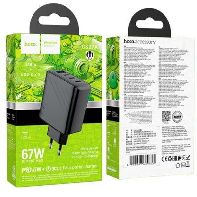 мережевий зарядний пристрій hoco cs27a pd67w+ qc3.0 (1usb/3type-c) (чорний) 