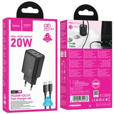 мережевий зарядний пристрій hoco n61 1usb/18w/qc3.0 + 1type-c/20w/pd + (type-c - type-c) (чорний) 