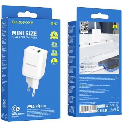 мережевий зарядний пристрій borofone bn7 1usb/18w/qc3.0 + 1type-c/20w/pd (бiлий) 
