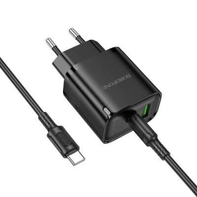 мережевий зарядний пристрій borofone ba83a 1usb/18w/qc3.0 + 1type-c/20w/pd + (type-c - type-c) (чорний) 