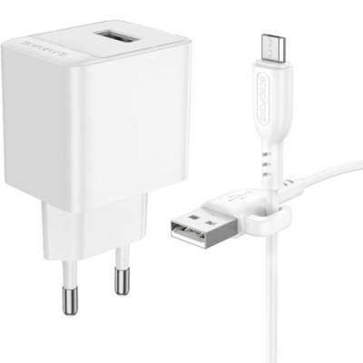 мережевий зарядний пристрій borofone bas11a 1usb/10.5w + (usb - microusb) (білий) 
