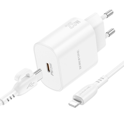 мережевий зарядний пристрій borofone ba82a power 1type-c/25w/pd + (type-c - lightning) (білий) 