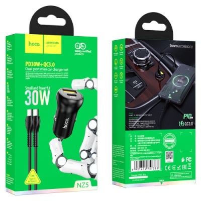 Автомобільний Зарядний Пристрій Hoco NZ5 Smooth road 1USB/30W/QC3.0 + 1Type-C/30W/PD + (Type-C - Type-C) (Чорний)