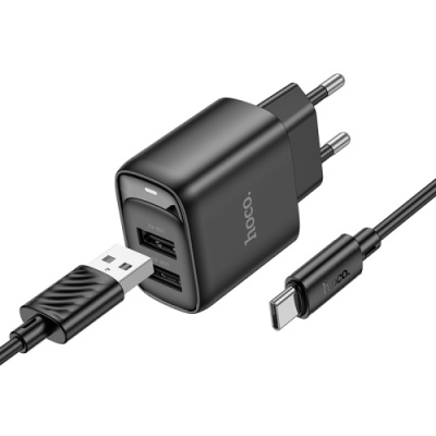 мережевий зарядний пристрій hoco c141a smart dual-port charger set 2usb/2.1a + (usb - type-c) (чорний) 