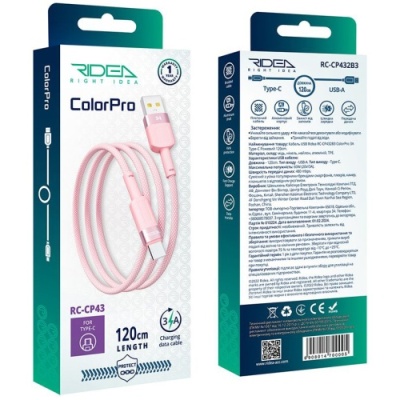 кабель ridea rc-cp43 colorpro usb - type-c 3a 1.2m (рожевий) 