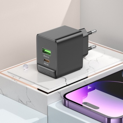 мережевий зарядний пристрій borofone bas14a erudite 1usb/18w/qc3.0 + 1type-c/20w/pd (чорний) 