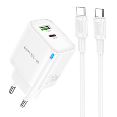 мережевий зарядний пристрій borofone ba83a 1usb/18w/qc3.0 + 1type-c/20w/pd + (type-c - type-c) (білий) 