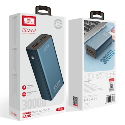 додаткова батарея power bank earldom et-pd36 30000 mah metal alloy pd20w+qc3.0 22.5w (чорний) 
