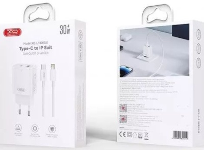 мережевий зарядний пристрій xo l130 (nb189a) 1usb/18w/qc3.0 + 1type-c/30w/pd + (type-c - lightning) (бiлий) 