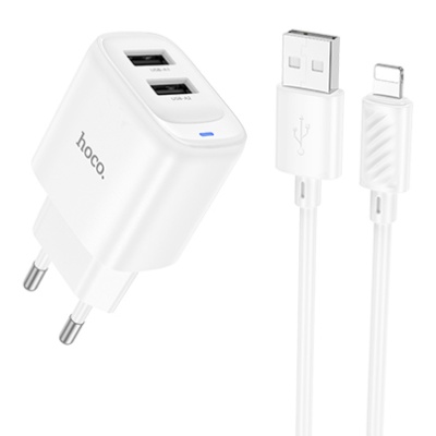 мережевий зарядний пристрій hoco c141a 2usb/2.1a + (usb - lightning) (білий) 