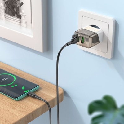 мережевий зарядний пристрій borofone ba80a 1usb/18w/qc3.0 + 1type-c/20w/pd + (type-c - type-c) (прозоро-чорний) 