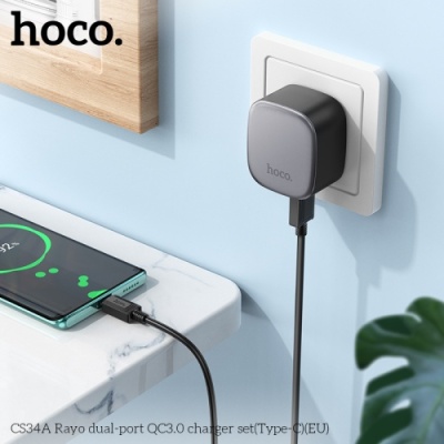 мережевий зарядний пристрій hoco cs34a 2usb/18w/qc3.0 + (usb - type-c) (чорний) 