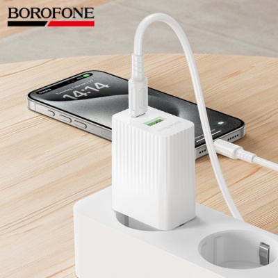 мережевий зарядний пристрій borofone bas76a 1usb/18w/qc3.0 + 1type-c/30w/pd + (type-c - type-c) (білий) 