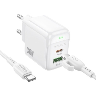 мережевий зарядний пристрій borofone bas45a 1usb/18w/qc3.0 + 1type-c/30w/pd + (type-c - type-c) (білий) 