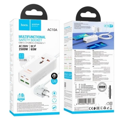 мережевий подовжувач hoco ac10a pd65w (2usb/2type-c/1xsocket) (білий) 