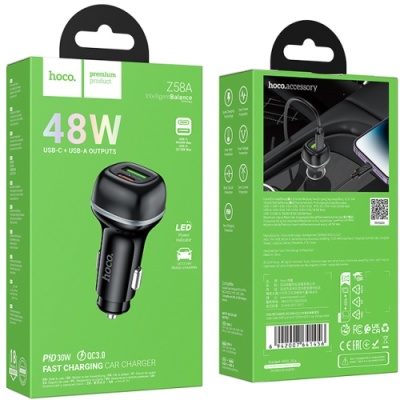 Автомобільний Зарядний Пристрій Hoco Z58A 1USB/1USB-C QC/PD48W (Чорний)