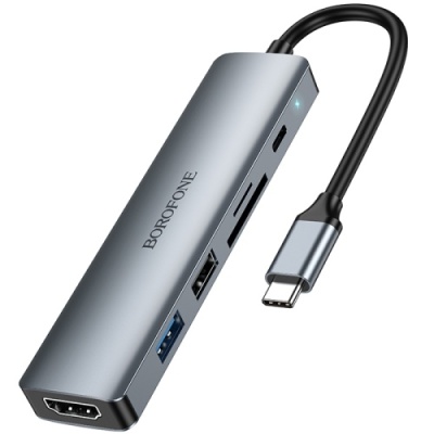 usb hub borofone dh15 6-in-1 type-c to hdmi+pd+usb3.0+usb2.0+sd+tf(l=0.15m) (сiрий) 