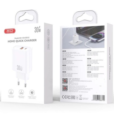 мережевий зарядний пристрій xo ce42 1usb/18w/qc3.0 + 1type-c/30w/pd (бiлий) 