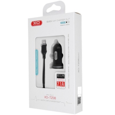 Автомобільний Зарядний Пристрій XO TZ08 2USB/2.1A + (USB - Lightning) (Чорний)