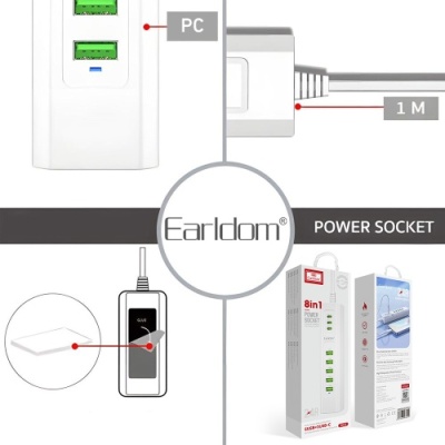 мережевий подовжувач earldom es-sc12 eu 8in1 5xusb + 3xusb-c/1м (білий) 